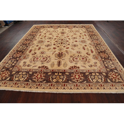 Tapis beige en laine noué à la main de conception unique 8 pi 2 po x 9 pi 10 po