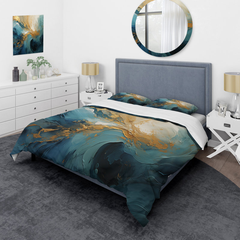 Gold Teal Ocean Spiral III - Abstract Spirals Duvet Cover Set, King Duvet Cover + 2 King Shams