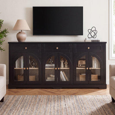 Buffet moderne de 67,7 pouces avec 3 tiroirs et 6 portes cintrées en verre