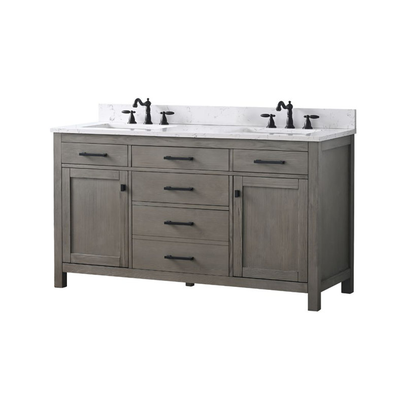 Ajiya 60" Double Bathroom Vanity, Textured Gray/Matte Black, Carrara White