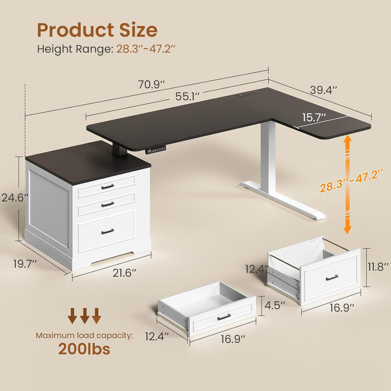 Farmhouse L Shaped Electric Standing Desk, Black, White