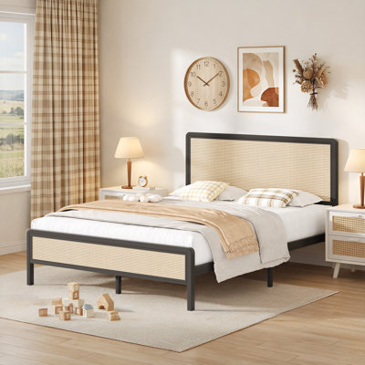 Metal Bed Frame with Rattan Headboard