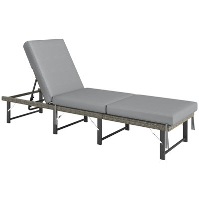 Outsunny Folding Rattan Sun Lounger 6-Level Adjustable with Cushion Grey