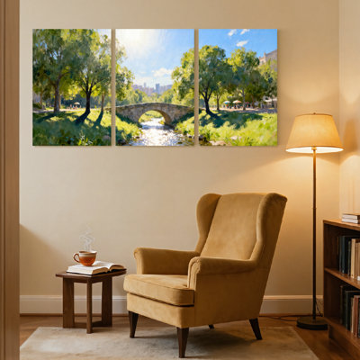 Scenic &Cityscapes Sunlit Park Bridge River Trees Sky Reflection Greenery Set of 3 Canvas Wall Art Prints