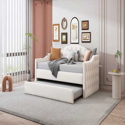 Twin Size Tufted Upholstered Daybed With Trundle ,Velvet Sofabed With UsbType-C Charging Ports,No Box-Spring Needed, Beige