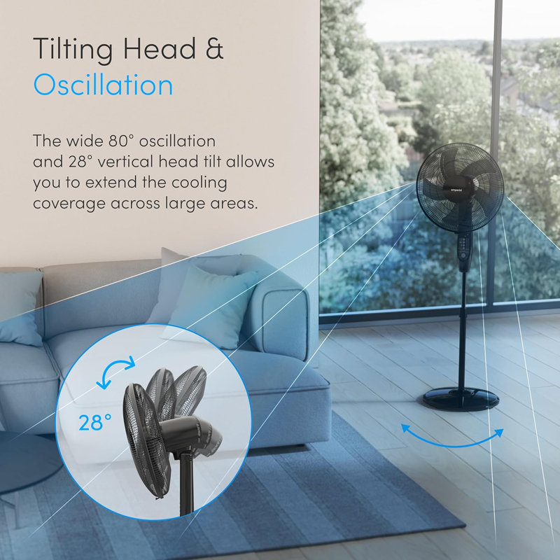 Emperial 16" Pedestal Fan with Remote Control - Free Standing Oscillating Cooling Fan, Adjustable Height, 4 Modes & Timer - Black