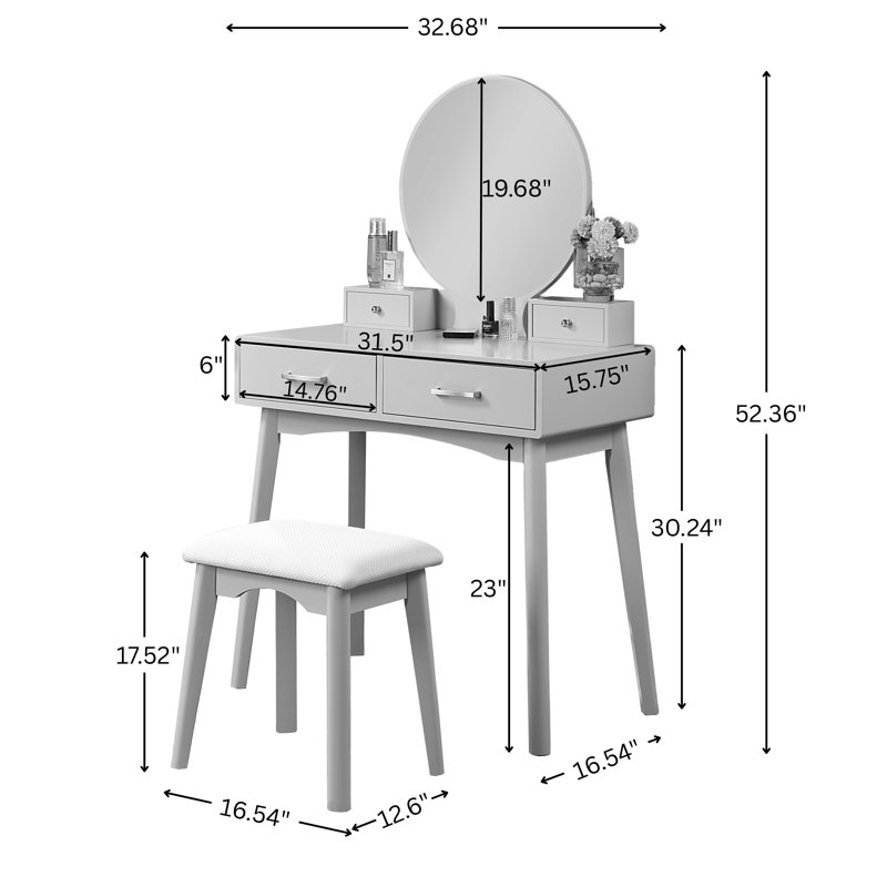 Wood Vanity and Stool Set, White