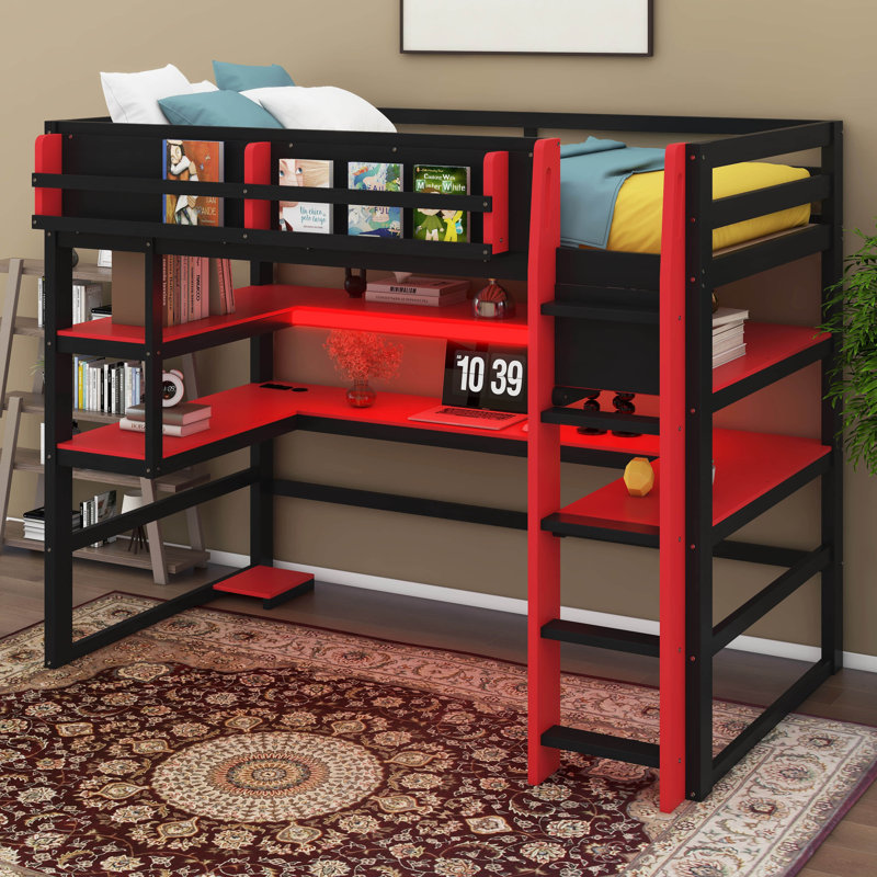 Lit mezzanine en bois avec bureau, unité de rangement latérale, nombreuses tablettes et éclairage RVB, Lit simple, Rouge