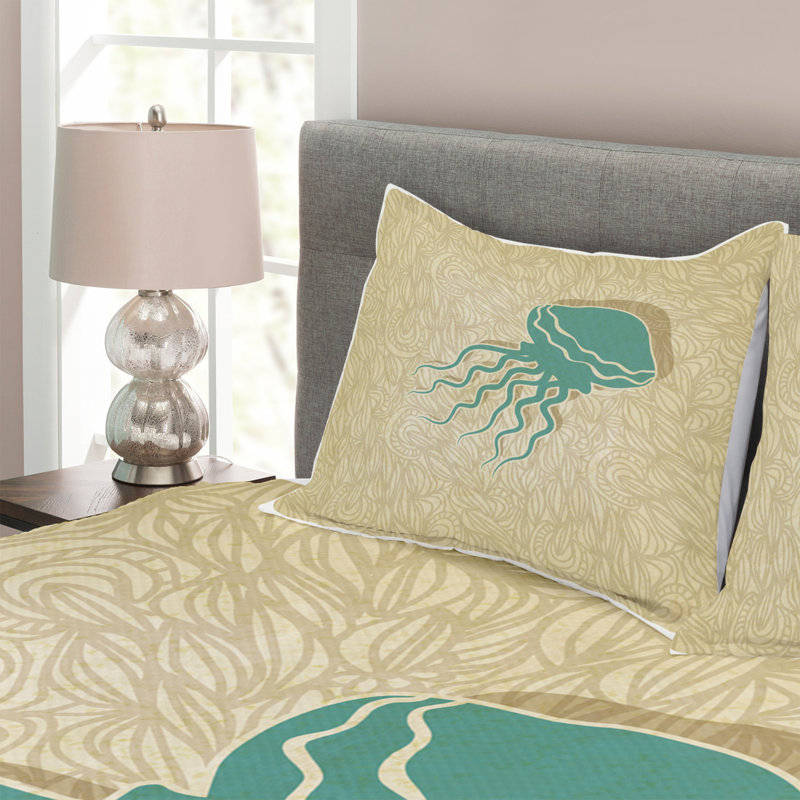 Sand/Teal 100% Microfibre Bedspread, 220 x 264 cm