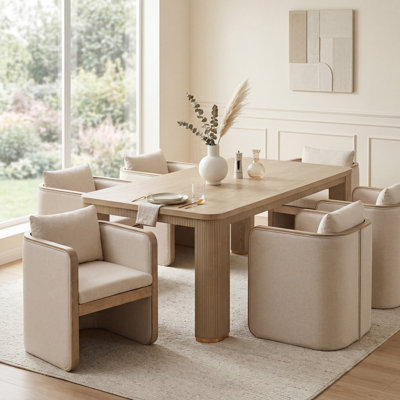 Calder 6-Person Dining Table Set With Upholstered Arm Chairs & Wooden Frame