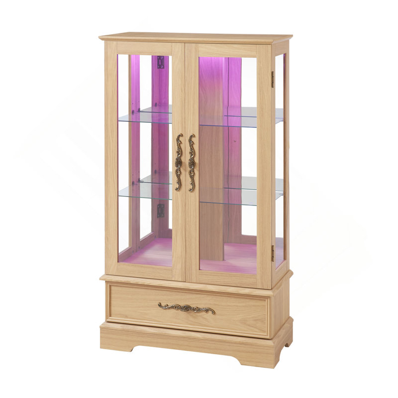 Vitrine lumineuse en verre avec tablettes réglables - 2 portes, 1 tiroir, lumières DEL, Chêne clair