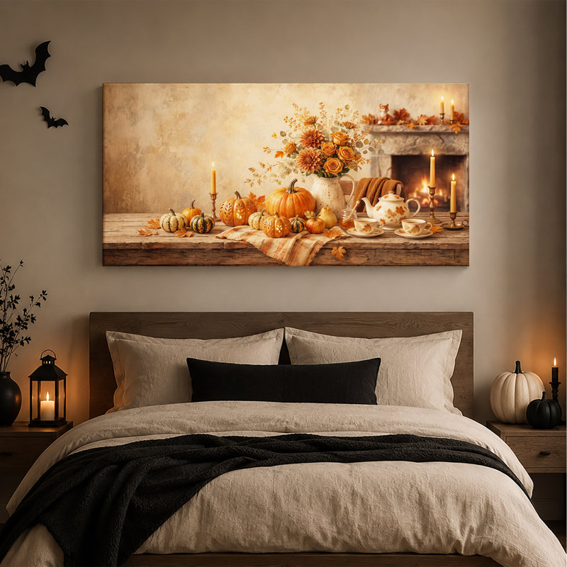 Art sur toile, citrouilles orange et arrangement floral près d'Halloween, 46"W x 24"H