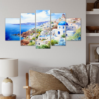  «Blue and White Santorini Village III - Grèce, art mural multipanel