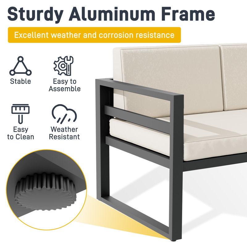  3-Piece Patio Furniture Set Aluminum Outdoor Conversation Sofa Sectional Bench With 𝗘𝘅𝘁𝗿𝗮 𝗚𝗿𝗮𝘆 𝗖𝘂𝘀𝗵𝗶𝗼𝗻 𝗖𝗼𝘃𝗲𝗿𝘀