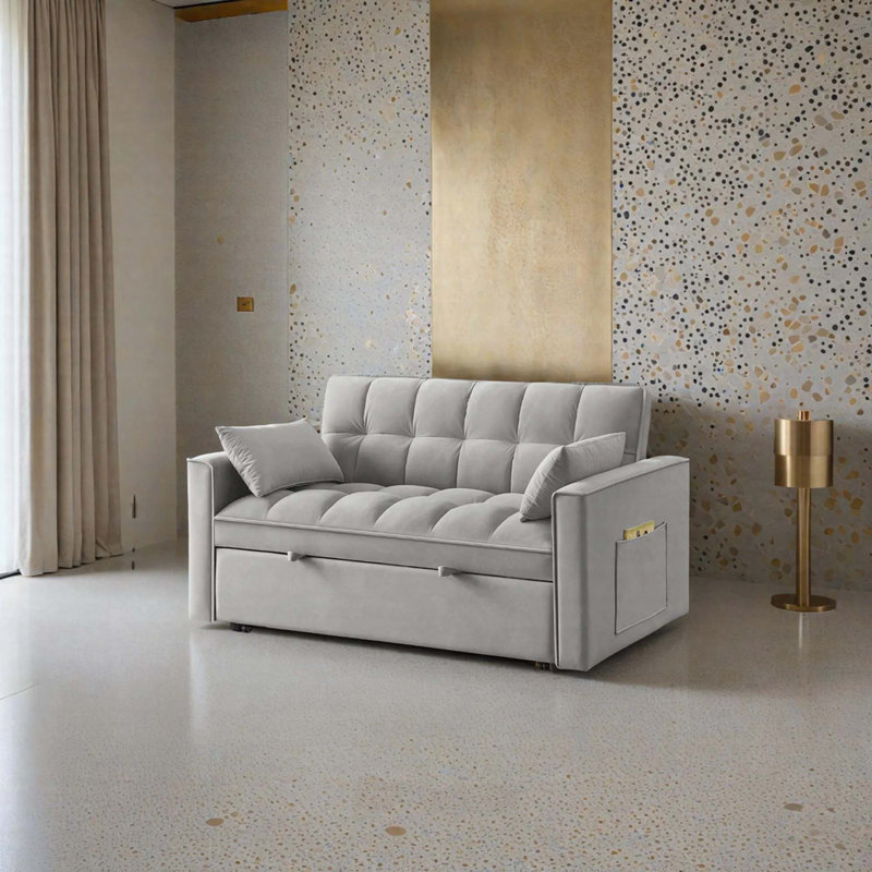 4 In1 Loveseat Sofa Bed With Armrests & Storage Pockets, Multi-Function Tufted Pull-Out Sofa Bed With Adjustable Backrest And Pillows, Convertible Loveseat Sofa Couch
