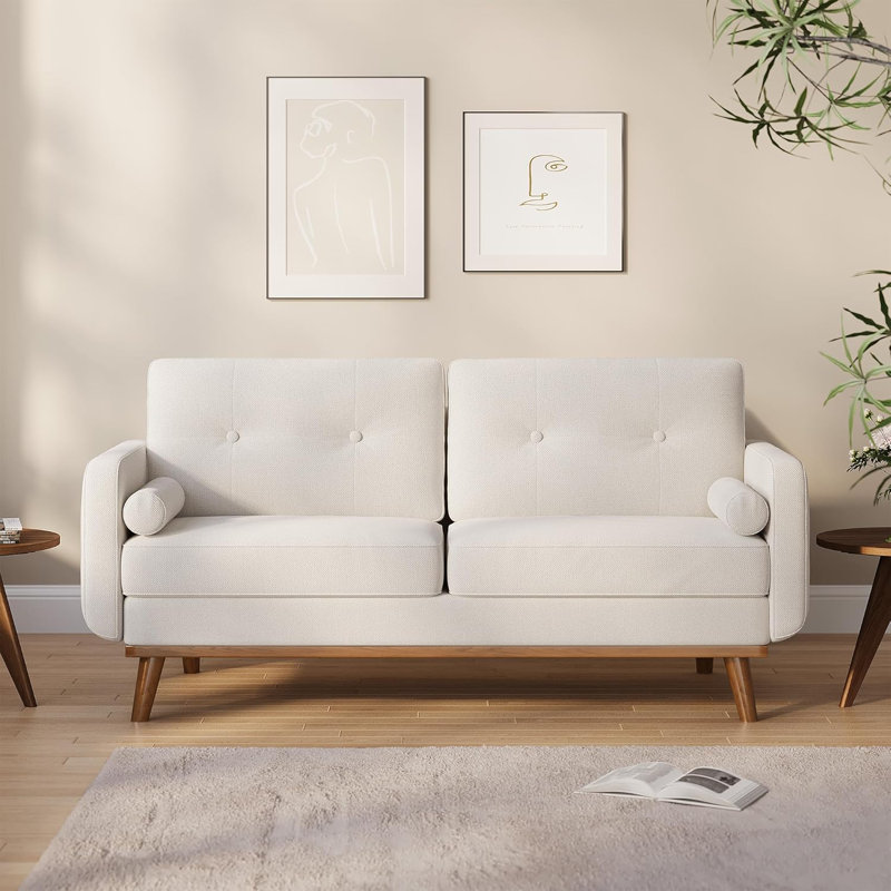 64" Loveseat Sofa, Mid Century Modern Couch, 2 Seater Deep Seat Linen Upholstered Couch, Beige