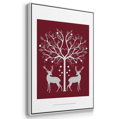 " Christmas Des - Deer And Heart Tree, Grey On Red "