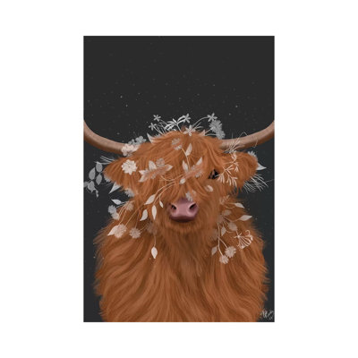 Highland Cow 1, White Flowers 1 Piece Wrapped Canvas Wall Art