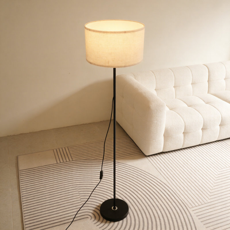 Modern Minimalist Black Floor Lamp With Linen Drum Shade, E26 Warm Bulb Included, Standing Lamp For Living Room Bedroom