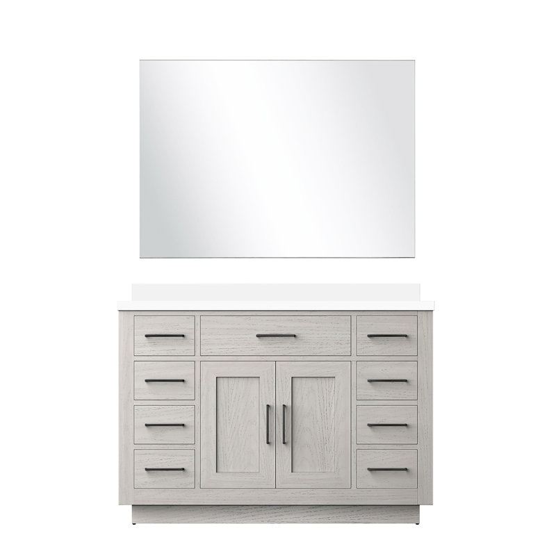 Meuble-lavabo simple en chêne blanc avec plateau en quartz, 43 miroirs, mécanisme de fermeture en douceur et armoire en chêne, surface, miroir en bois massif