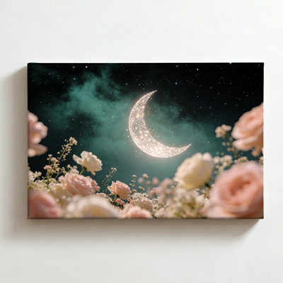 Croissant de lune parmi des fleurs délicates, art onirique et éthéré, impression sur toile pour Halloween, décoration murale automnale champêtre pour salon ou chambre, 61 x 91 cm