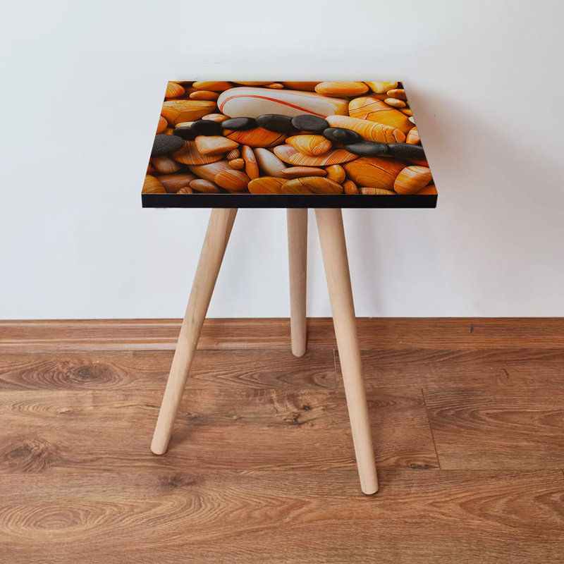 Modern Side Table with Beech Wood Legs, Orange & Black/White, 13.8 x 16.5 x 13.8 inches | 100% MDF, Thickness: 0.7 inches | Stylish & Functional Design for Living Room, Bedroom, or Office Use