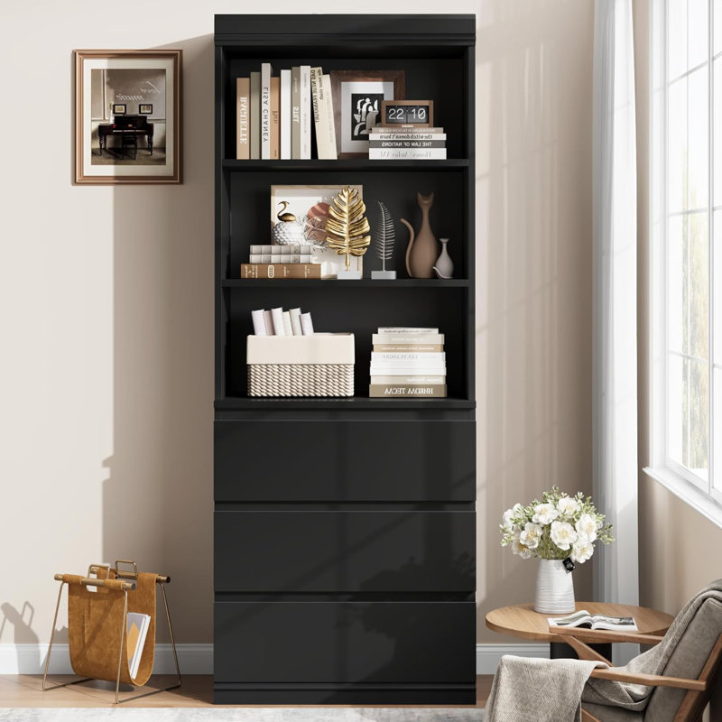 Ebern Designs 70" Farmhouse Bookcase with 3 Drawers - Tall Wooden ...
