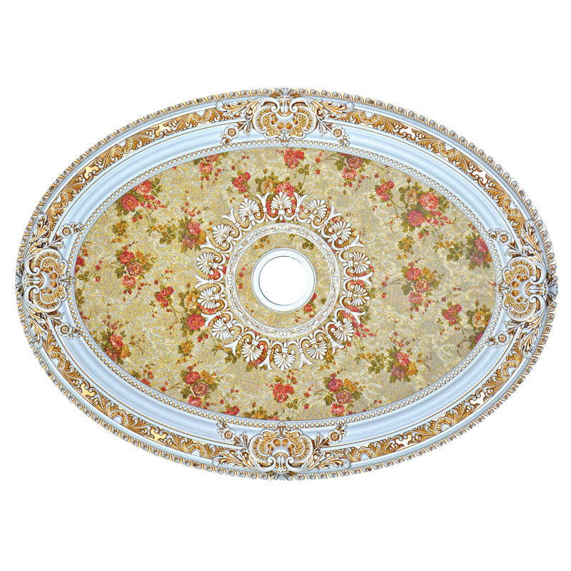 Médaillon de plafond ovale en forme de centre floral à cadre antique, Blanc / Doré