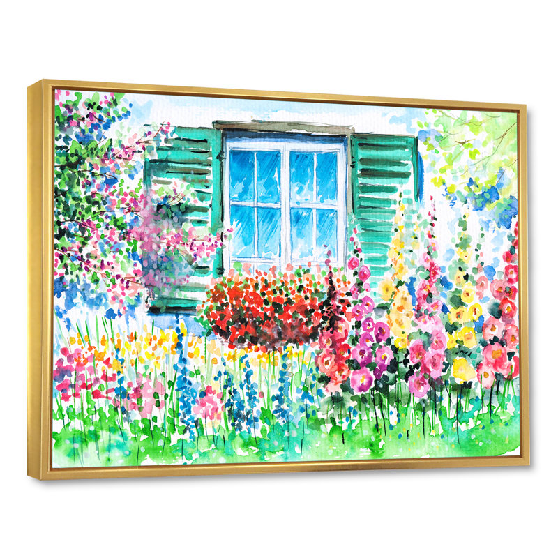 Géranium rouge devant une fenêtre bleue - peinture sur toile, H 34 po x l 44 po x P 1,5 po, Cadre flottant doré
