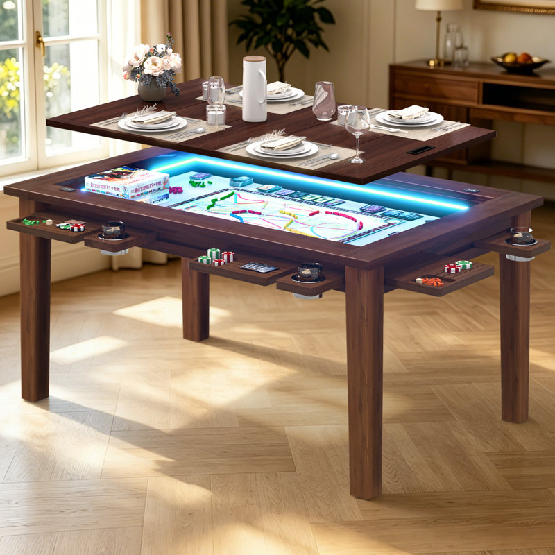 Table de jeu en bois avec lumière à DEL pour 4 à 6 personnes, table de jeu avec tapis de jeu, 6 porte-gobelets et plateaux de loisirs, table de salle à manger avec plateau amovible