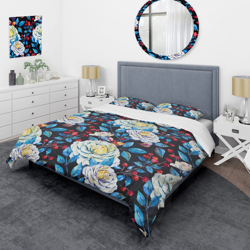 Ensemble de housse de couette fleurs blanches et feuille bleue, Housse de couette simple + 1 taie décorative stan