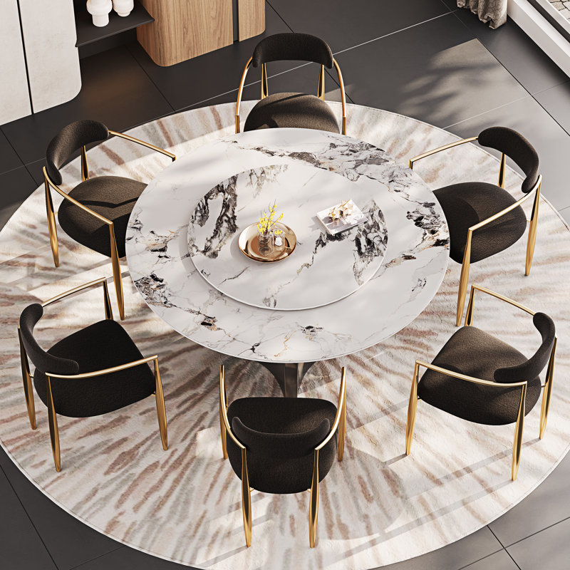 Dining Table Set With 51'' Round Faux Marble Table Top With Lazy Susan And 6 Fabric Dining Arm Chairs, Black/Gold