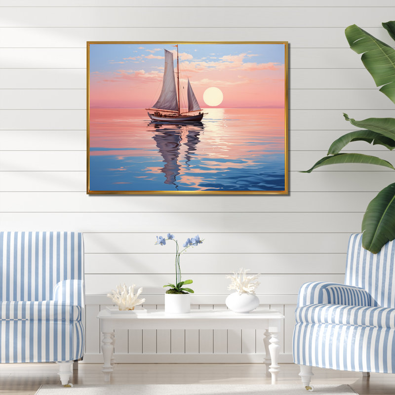 Sailboat Coastal Dreams II - Sailing Boat Canvas Art Print, 16" H x 32" W, White Picture Framed