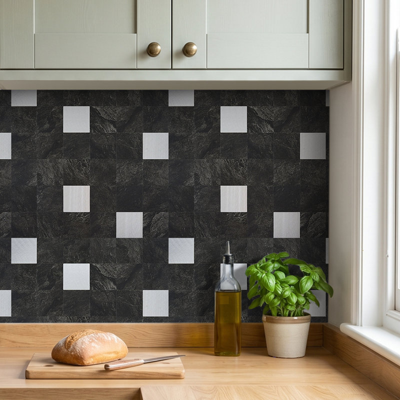 10Pcs Self-Adhesive Marble Wall Tile Stickers, Black/Silver