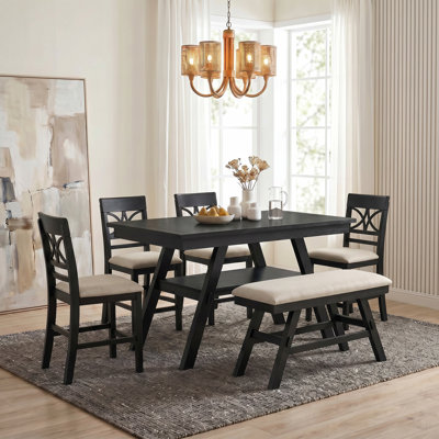 Ensemble de table de salle à manger 6 pièces à hauteur de comptoir en bois avec tablette de rangement, ensemble de table de cuisine avec banc et 4 chaises, style rustique