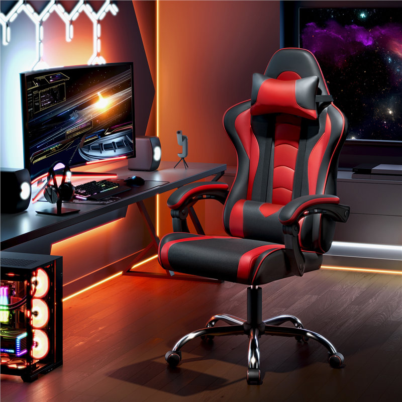 Fauteuil de jeu à haut dossier avec coussin lombaire à massage, Noir / Rouge