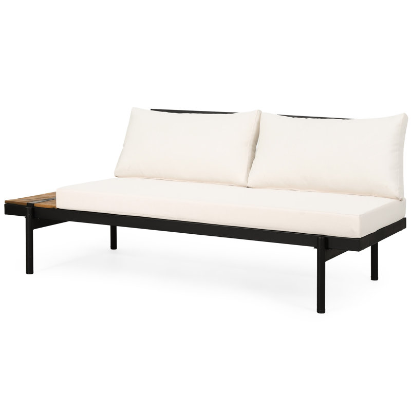Elegant 2 Seater - Left Side. Made With Wood Slats & Iron Frame. Cream Water- Cushions. 100% Fabric. Add A Touch Of Class To Your Home Side Couch, Wood, Frame, Bedding