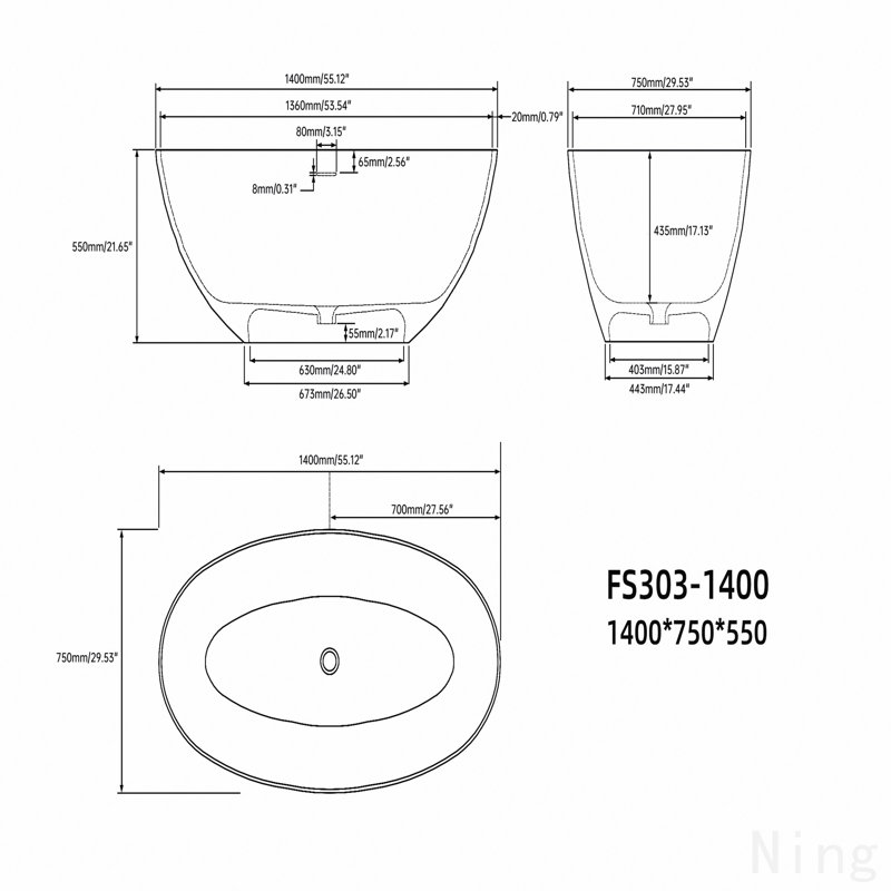 55" Premium Solid Surface Deep Soaking Bathtub, Matte White