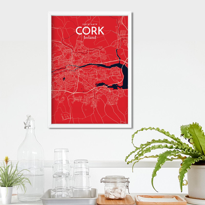 Cork City Map, impression, Rouge / bleu marine, H 27,6 po x l 19,7 po