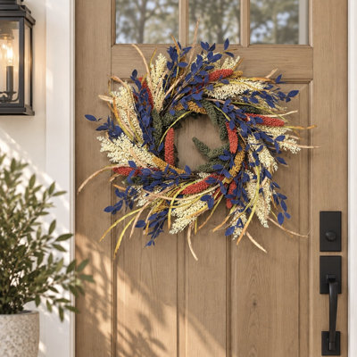 Couronne artificielle de 61 cm (24 po) de style ferme, décor de porte d'entrée automnale avec feuillage et mélange de céréales, idéale pour la fête de Thanksgiving.