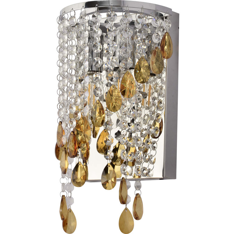 Applique murale 2 lumières en chrome avec perles de cristal transparent et verre ambré