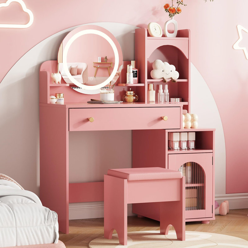 Bureau de coiffeuse avec miroir et lumières, Rose