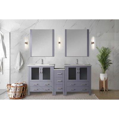 72 In. Dark Grey Double Bath Vanity With Side Cabinets, Faucet, 28 Mirrors, And Stain - Proof Surface W In Grey, Equipped A