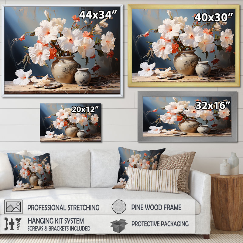 «Hibiscus Farmhouse Still Life Memory» sur toile, Cadre flottant doré, H 12 po x l 20 po