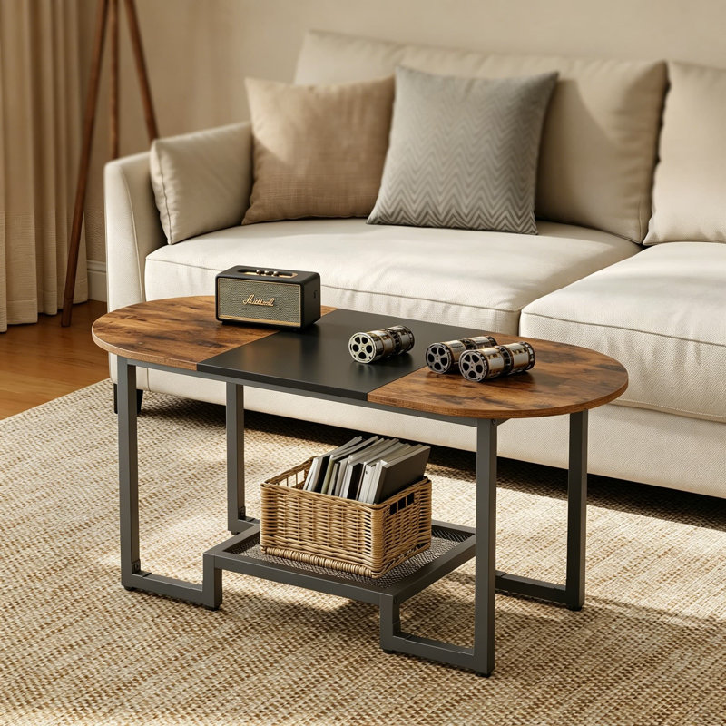 Table basse ovale avec tablette de rangement à 2 niveaux, table centrale étroite étroite pour petits espaces, cadre rustique brun et noir, design compact pour le salon, la chambre à coucher et le bureau