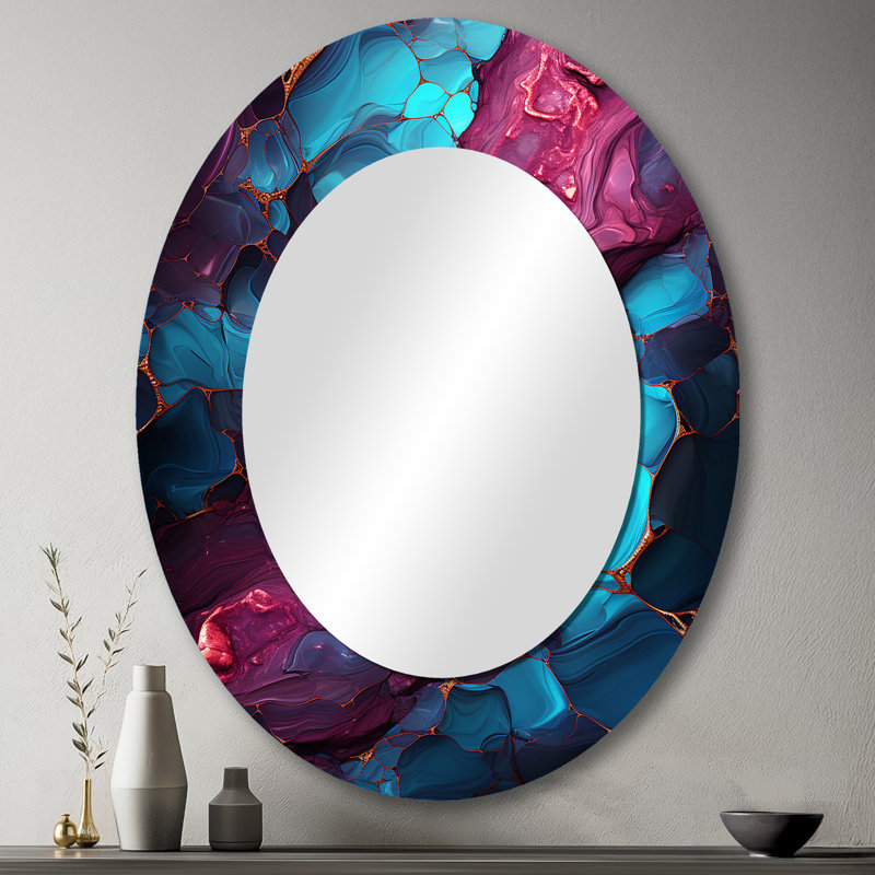 Volcan en marbre bleu et mauve sans soudure I - Miroir décoratif ovale abstrait sur métal, 43 po x 33 po