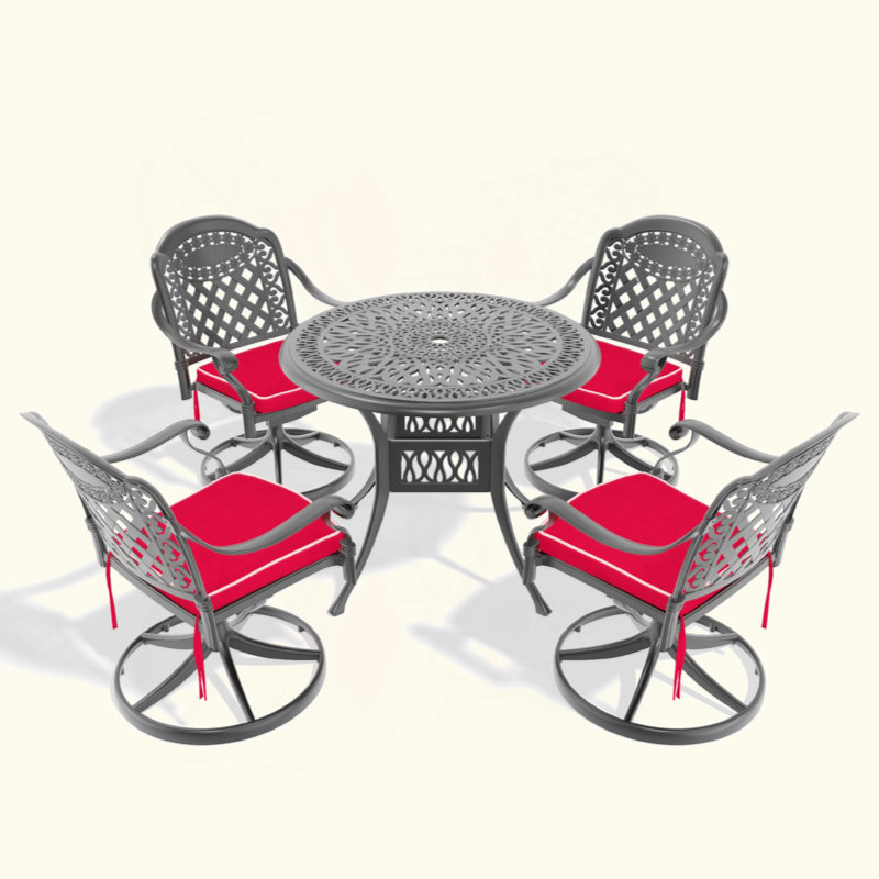 All-Weather Cast Aluminum Dining Set, Include Swivel Chairs And Round Table With Black Frame, 4
