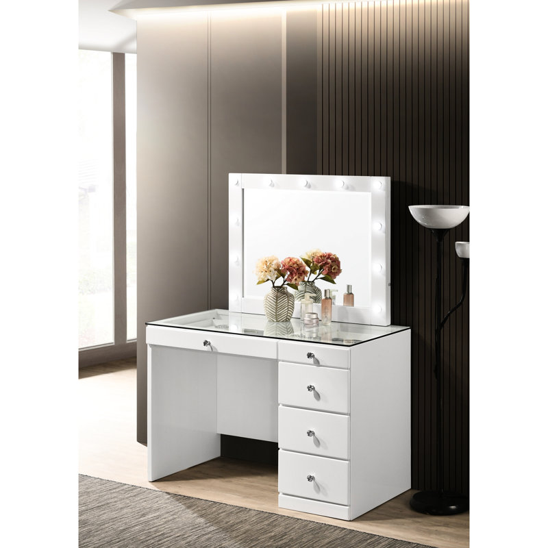 White Style Makeup Vanity Table For Bedroom With Glass Top, 5 Drawers And Crystal , 23.72" X 44" Dimensions Contemporary In Drawers, Top Deep Specification