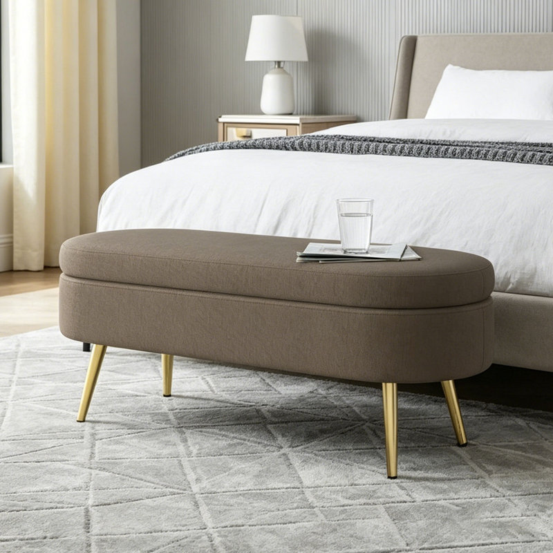 Ottoman Oval Storage Bench ith Metal Legs, Brown