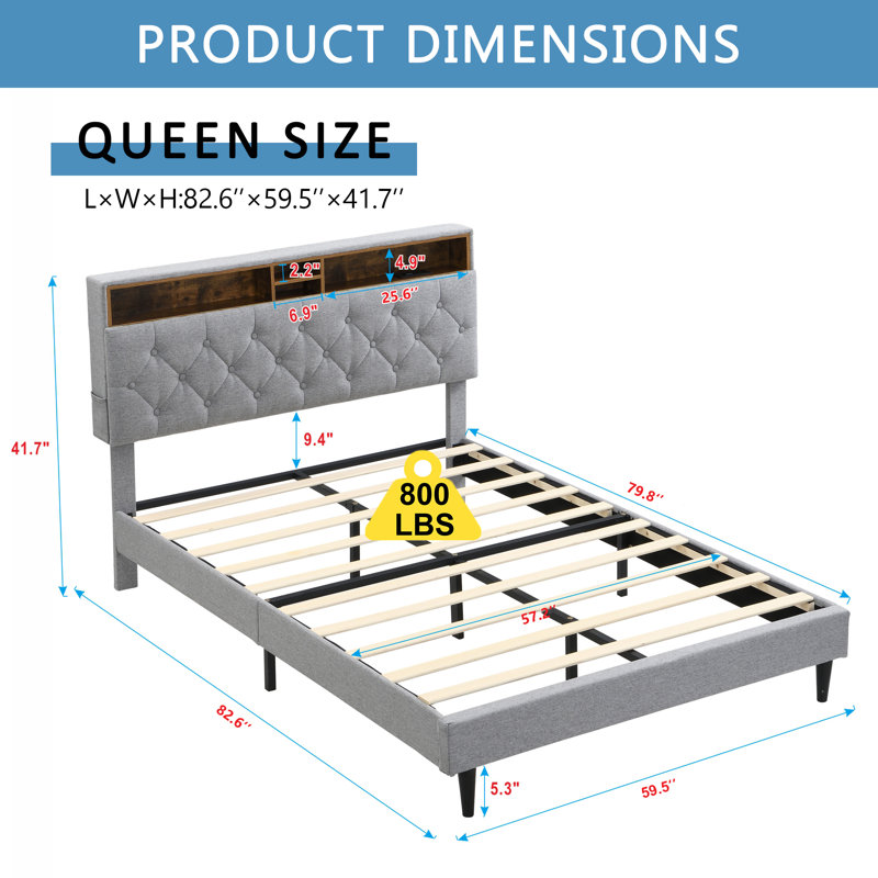 Tufted Upholstered Platform Bed With Convenient Charging Station And Storage Headboard, Light Grey
